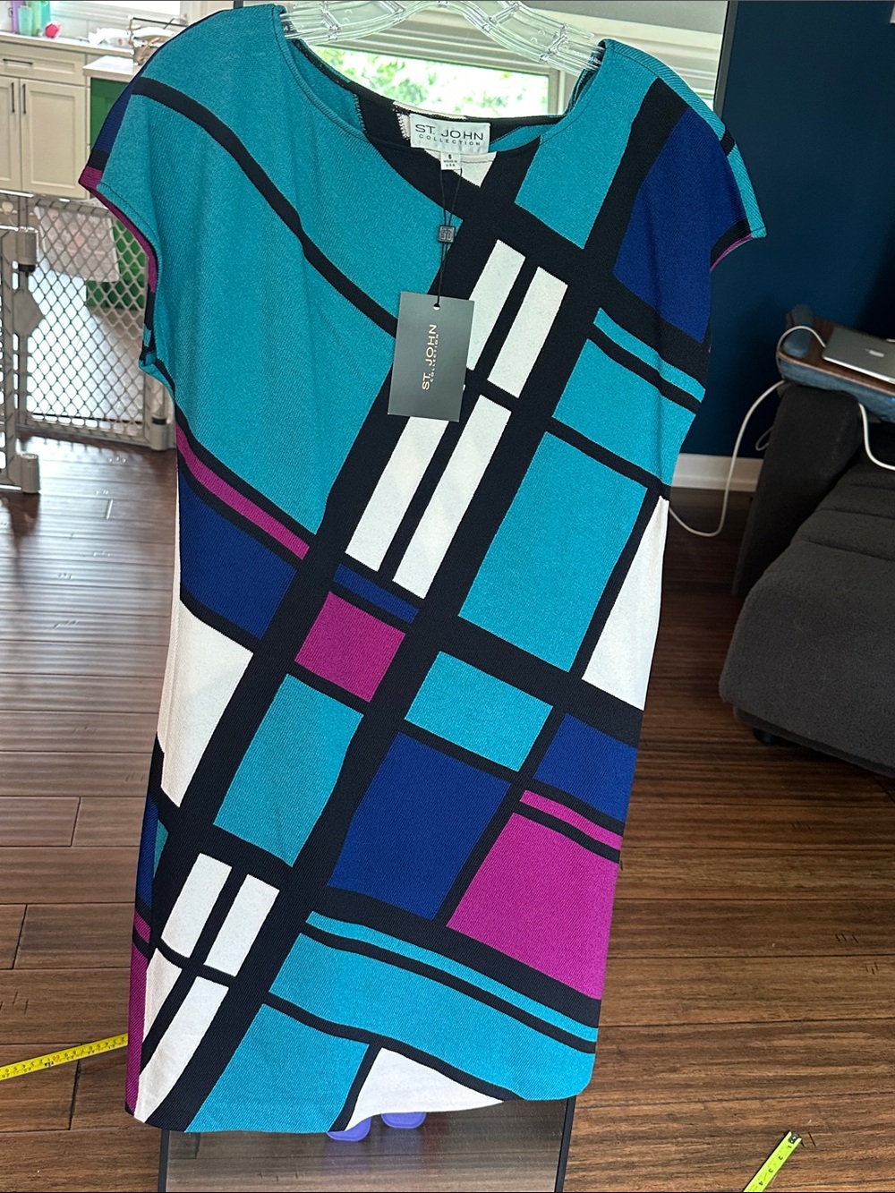 St. John Teal, Blue & Purple Geometric Shift Dress